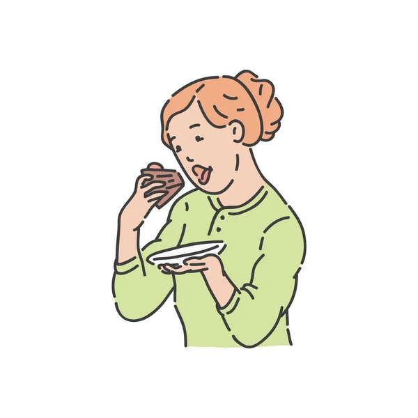 Vector redhead woman eat piece of cake — Stock Vector