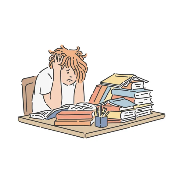 Stressed school student sitting at table with pile of books and studying. — Stock Vector