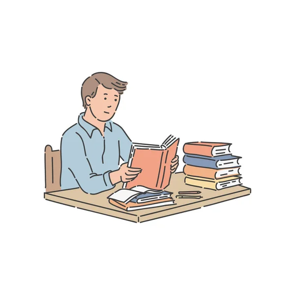 Mužské student sedí u stolu s hromadu knih a čtení. — Stockový vektor