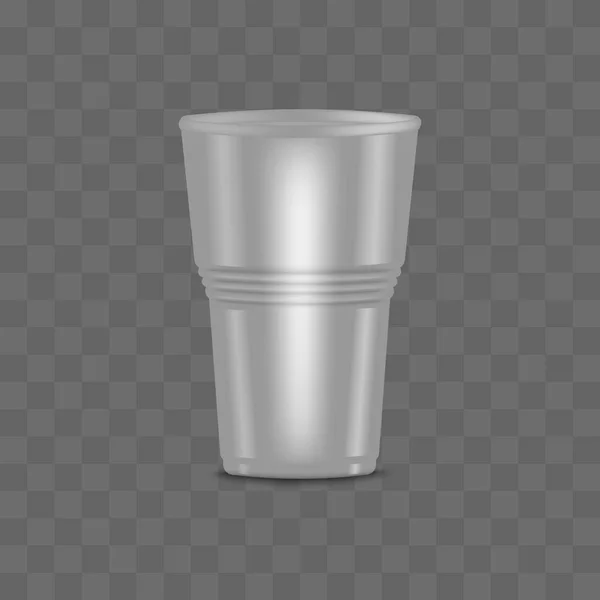 Taza de plástico 3D realista transparente transparente transparente en blanco grande con ranurado . — Vector de stock