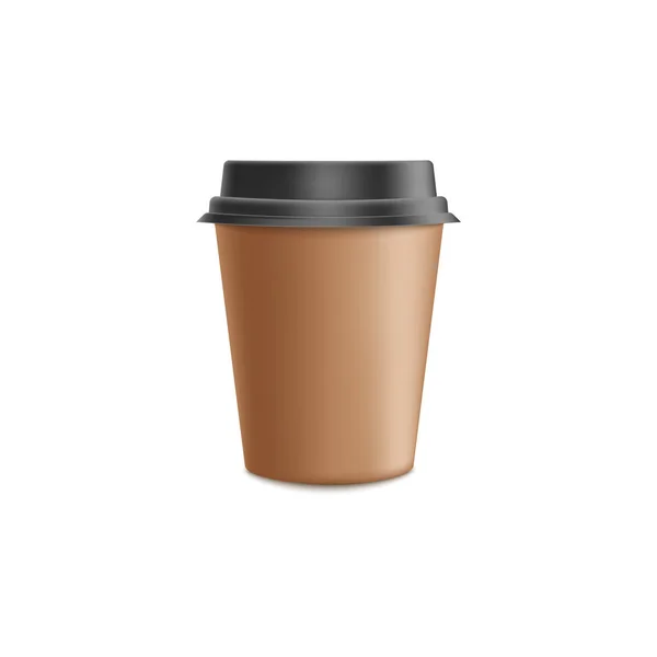 Taza de café de papel artesanal marrón maqueta en 3d ilustración vectorial realista - taza en blanco con tapa de plástico negro . — Vector de stock
