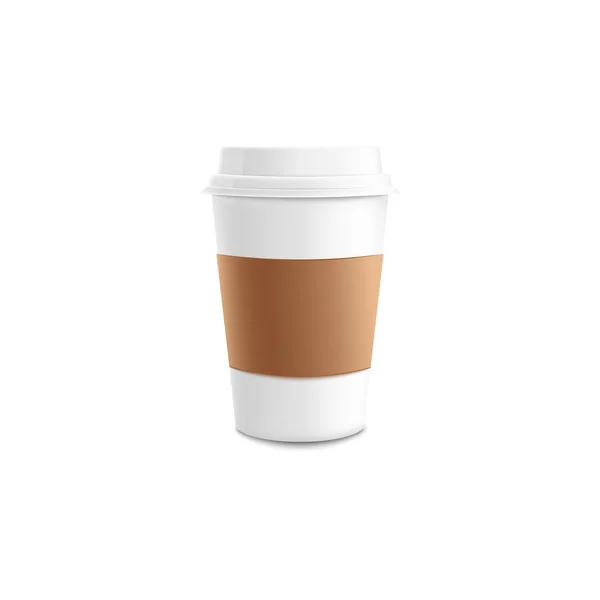 Papel branco ou copo de café takeaway plástico com luva marrom mockup . — Vetor de Stock