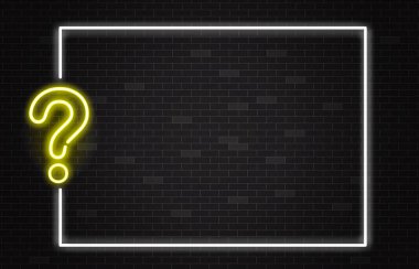 Quiz banner with yellow neon question mark in realistic style on dark brick wall background. clipart