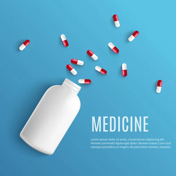Pillole della capsula che fuoriescono dalla bottiglia bianca in stile realistico isolate su sfondo blu con spazio di copia . — Vettoriale Stock