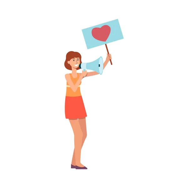 Giovane donna con cartello con simbolo del cuore e megafono . — Vettoriale Stock