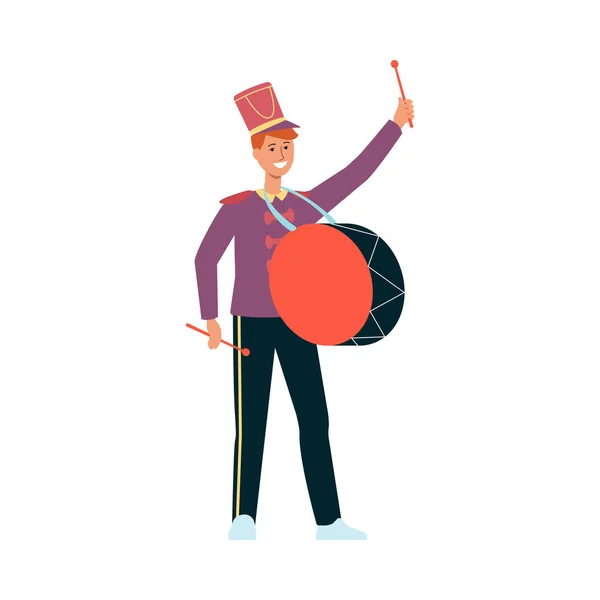 Молодой человек в парадном костюме с барабаном в плоском стиле . — стоковый вектор