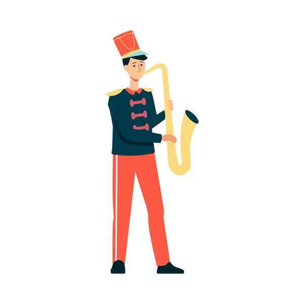 흰색 배경에 고립 된 평면 스타일에 색소폰을 연주하는 축제 퍼레이드 의상에서 젊은 남자. — 스톡 벡터