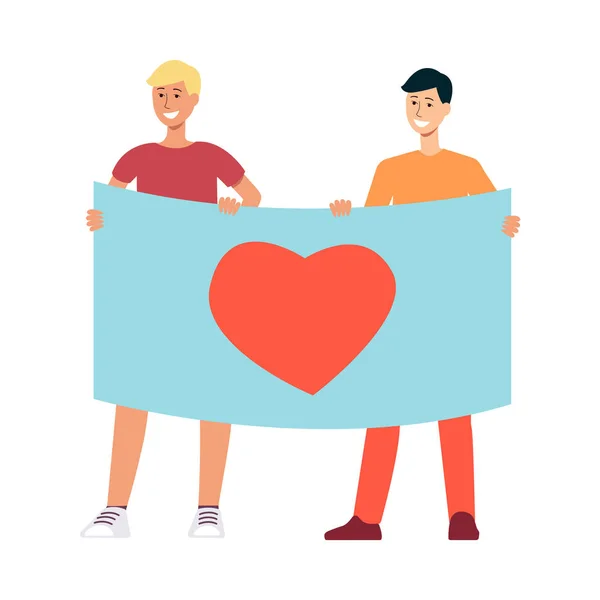 Vektorové ilustrace dvou mladých mužů drží plakát s symbol srdce. — Stockový vektor