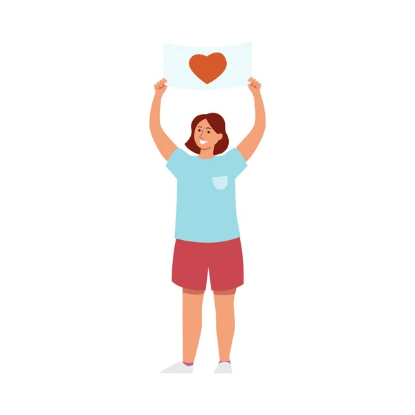 Illustrazione vettoriale della giovane donna sorridente che tiene un cartello con il simbolo del cuore . — Vettoriale Stock