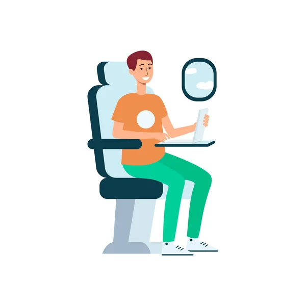 Hombre usando el ordenador portátil mientras está sentado en el avión cerca de estilo de dibujos animados ventana — Archivo Imágenes Vectoriales