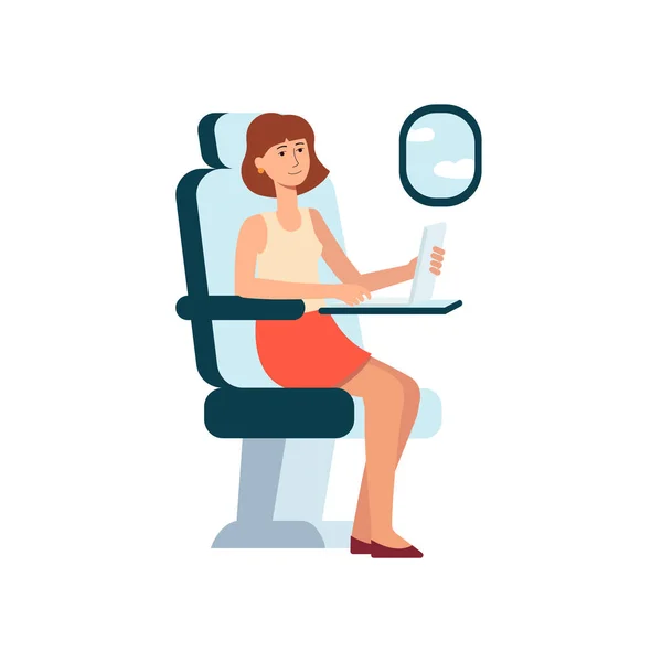 Femme utilisant un ordinateur portable tout en étant assis dans l'avion près de la fenêtre style dessin animé — Image vectorielle