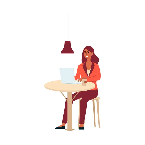 Mujer con portátil y café sentado a la mesa estilo de dibujos animados — Archivo Imágenes Vectoriales