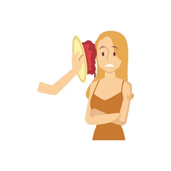Женщина расстроена швырнутым тортом в лицо в стиле мультфильма — стоковый вектор