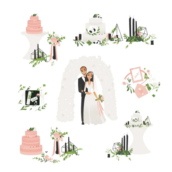 Вектор плоска наречена і наречена весільна церемонія іконки — стоковий вектор