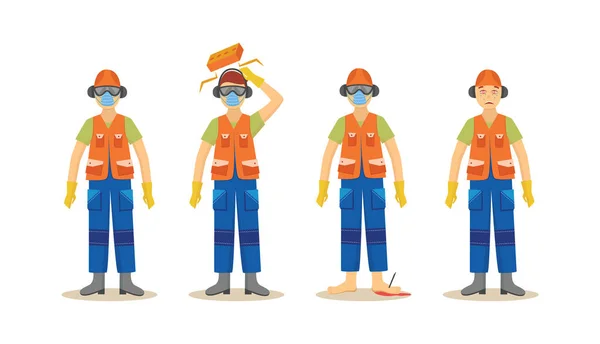 Un conjunto de accidentes con un trabajador en un uniforme naranja en la construcción — Vector de stock