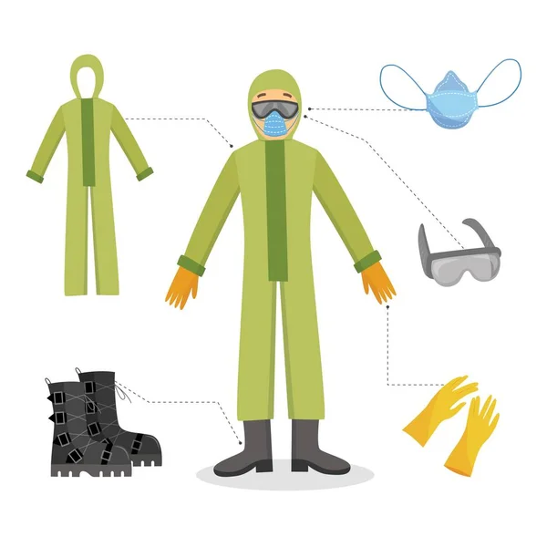 Bir adam ve bir işçi kimyasal koruyucu giysi ile eldiven, koruyucu gözlük, maskeler ve çizme. — Stok Vektör
