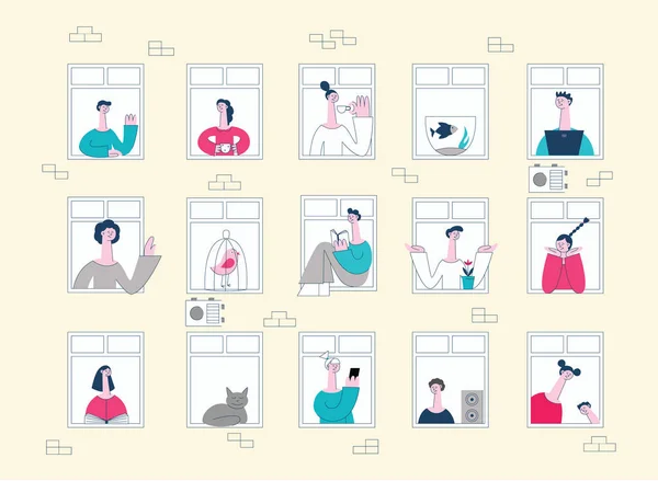 Vecteur voisins plats regardant par les fenêtres — Image vectorielle