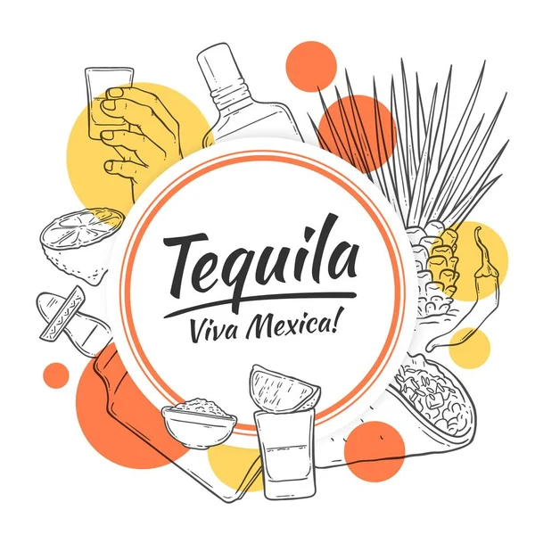 Tequila formas de fondo y plantilla, círculos rojos y amarillos, texto . — Vector de stock