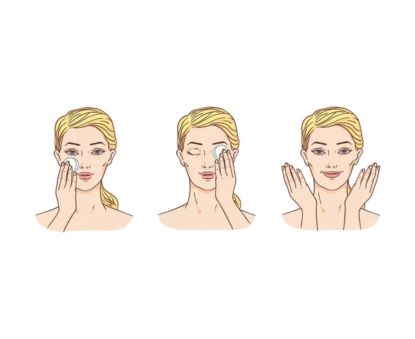 Junge Frau entfernt Make-up aus Gesicht — Stockvektor