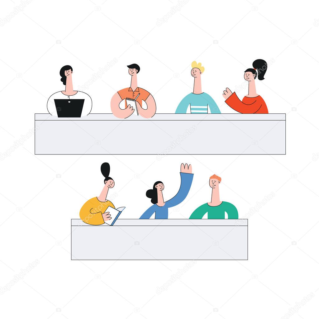 Vector teen students sitting at desk in class