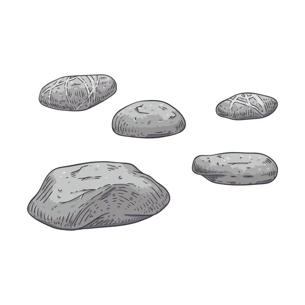 Vector illustration set of grey scattered sea pebbles in sketch style. — Stock Vector