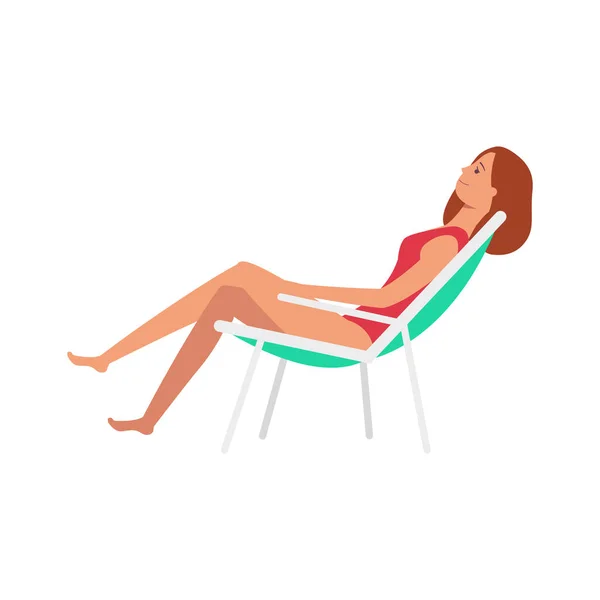 向量平的妇女在躺椅在太阳图标之下 — 图库矢量图片
