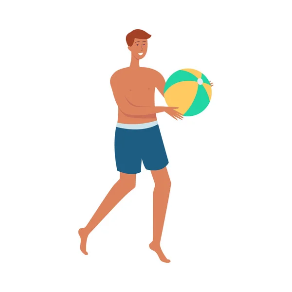 Vector topless man met bal speelt beachvolleybal — Stockvector
