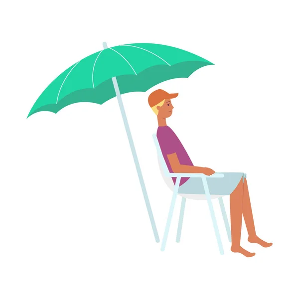 Διάνυσμα επίπεδη άνθρωπος στην ξαπλώστρα κάτω από ομπρέλα εικονίδιο με τον ήλιο — Διανυσματικό Αρχείο