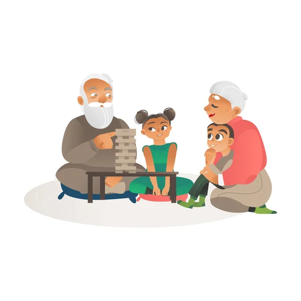 Kakek-nenek bermain game dengan cucu-cucu gambar vektor kartun datar . - Stok Vektor