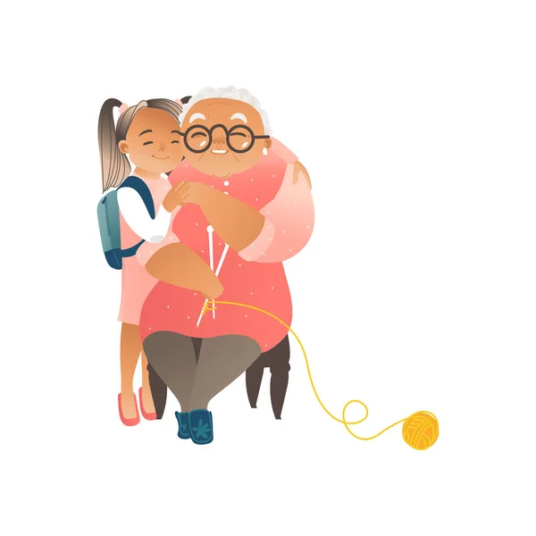 Nieta abrazando a su abuela ilustración vectorial plana aislada en blanco . — Vector de stock