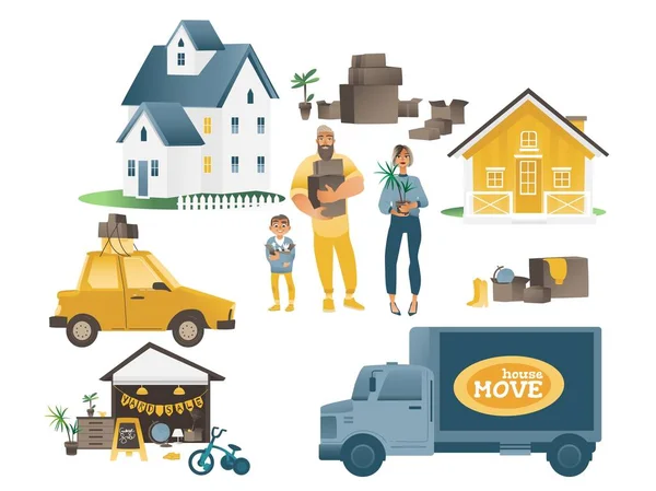 Domowy zestaw do przemieszczania się z rodziną i osobami, domami i firmą transportową. — Wektor stockowy
