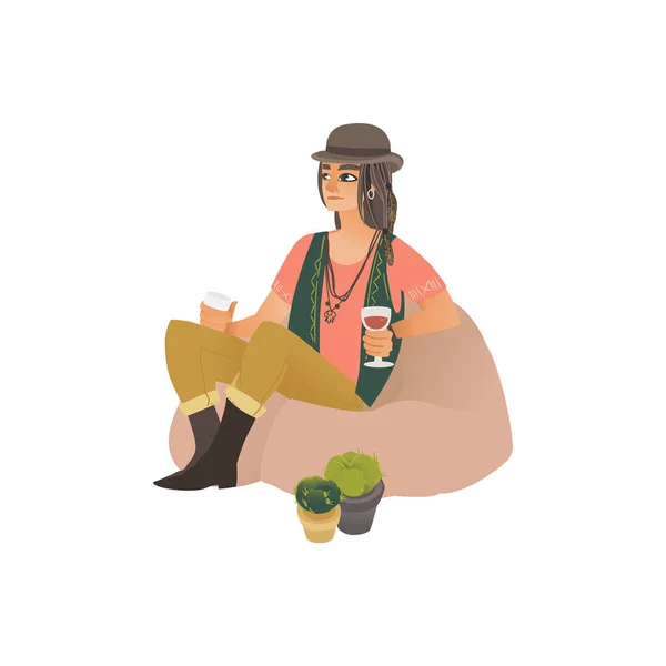 Joven hippie y mujer o niña hipster en un sombrero sentado en la silla de la bolsa . — Archivo Imágenes Vectoriales