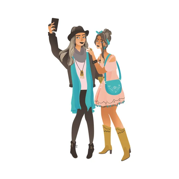 Twee jonge meisjes in stijlvolle Boho kleding staan maken selfie cartoon stijl — Stockvector