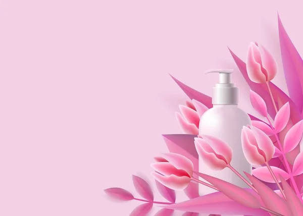 흰색 디스펜서 병 모형과 핑크 꽃 현실적인 스타일 템플릿 — 스톡 벡터