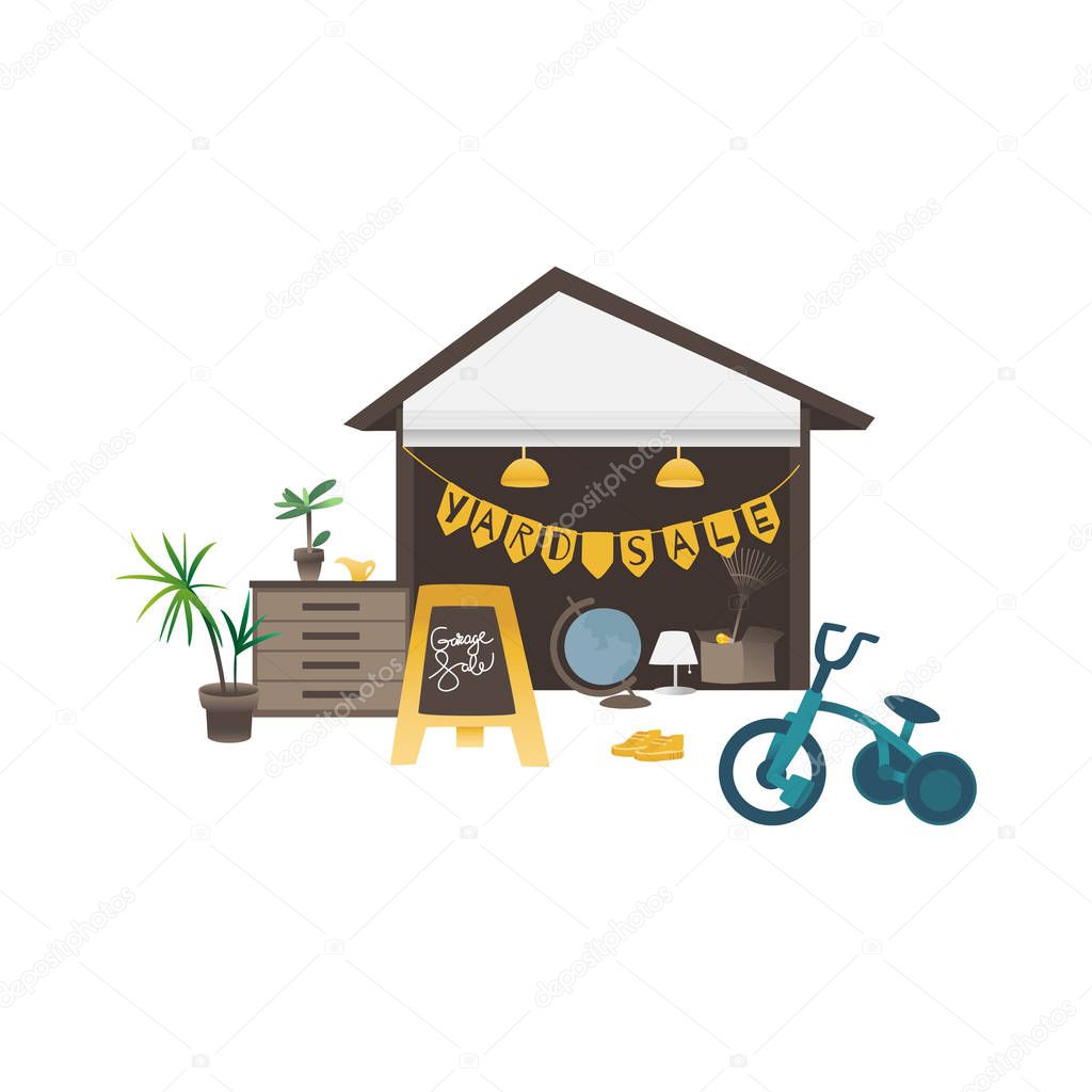 Yard or garage sale banner with household and sport items flat vector isolated.