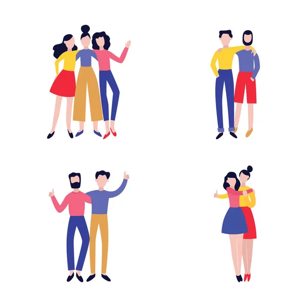Vector illustratie set van verschillende groepen van beste vrienden knuffelen. — Stockvector