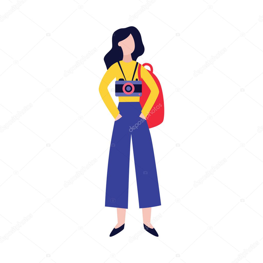 Woman tourist with camera and backpack flat vector illustration isolated on white.