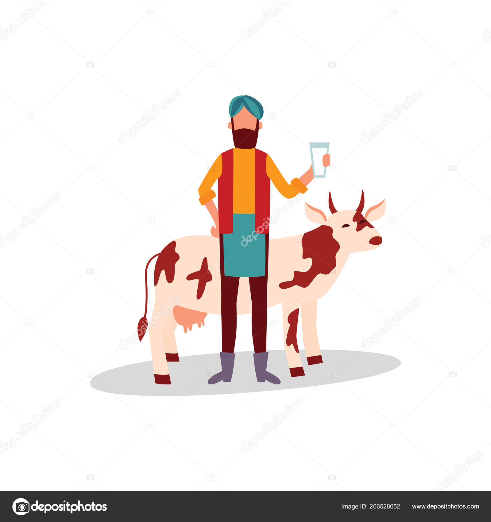 Indian farmer in turban standing with glass of milk and cow flat cartoon  style Stock Vector Image by ©Sabelskaya #266528052