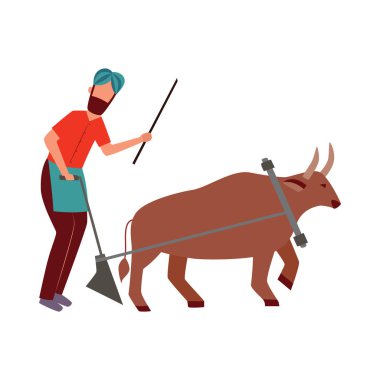 Indian farmer male with plough and cattle animal in yoke flat cartoon style clipart
