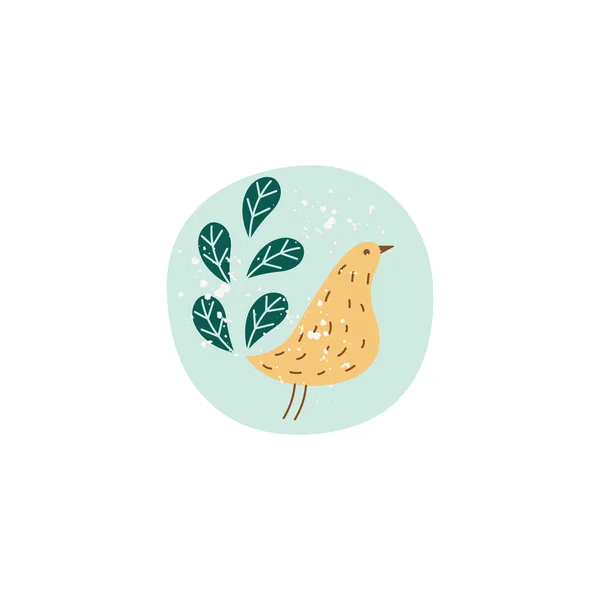 Dibujo simple pájaro lindo con rama de hojas — Vector de stock