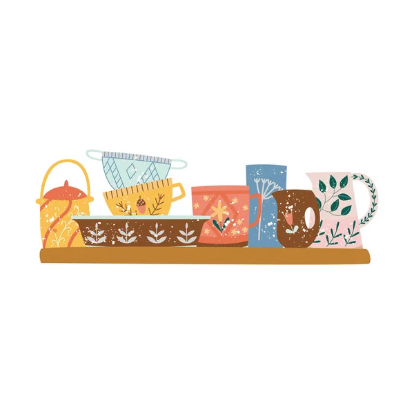 食器や陶器の食器フラット漫画スタイルの木製の棚 — ストックベクタ