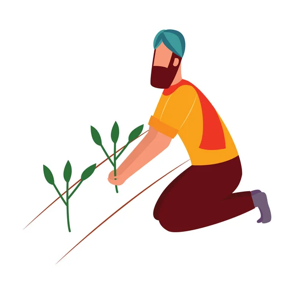 Agricultor indiano homem ajoelhado e segurando planta planta plana estilo cartoon — Vetor de Stock