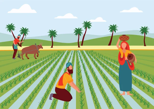 Indiska manliga och kvinnliga jordbrukare som arbetar i Paddy Field platt tecknad stil — Stock vektor