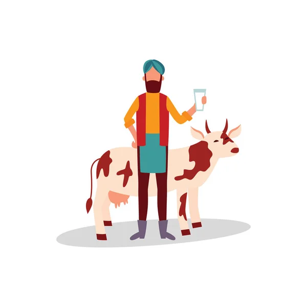 Granjero indio con turbante de pie con vaso de leche y vaca estilo de dibujos animados planos — Vector de stock