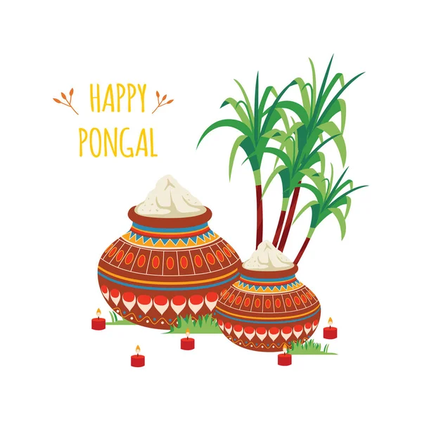 Happy Pongal conception de pots en argile indienne avec riz et canne à sucre style dessin animé — Image vectorielle