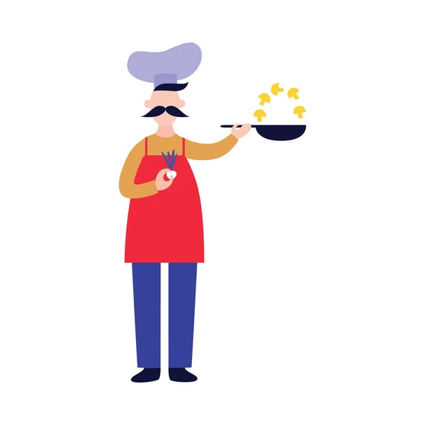 Chef masculino fica e segura pan enquanto fritando cogumelos estilo cartoon plana — Vetor de Stock
