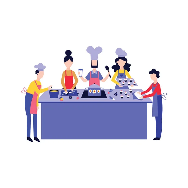 Шеф-повар готовит еду с командой за кухонным столом в стиле мультфильма — стоковый вектор