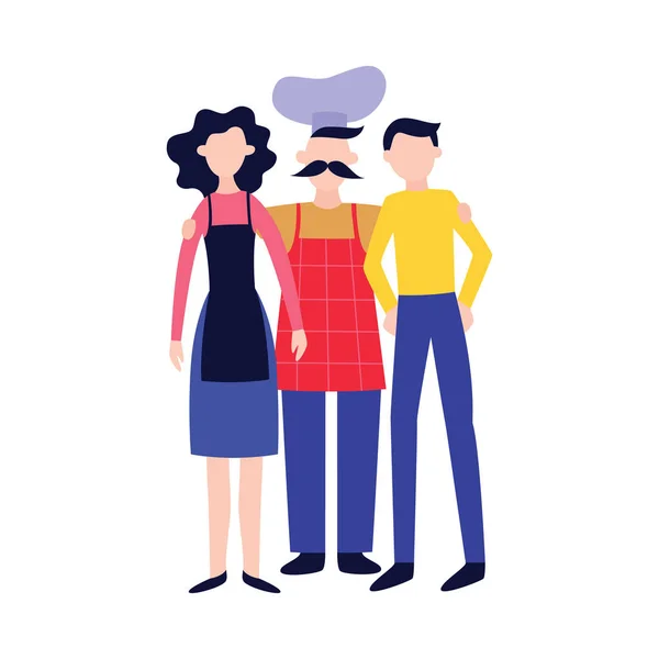Chef y cocineros hombre y mujer de pie juntos estilo de dibujos animados planos — Vector de stock