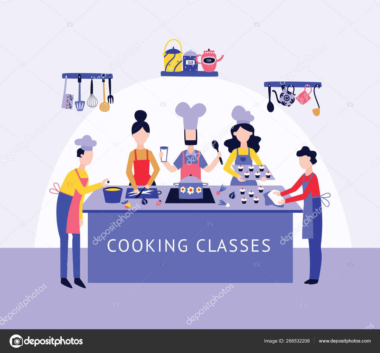 Chef et les gens cuisinent ensemble à la table de cuisine style dessin