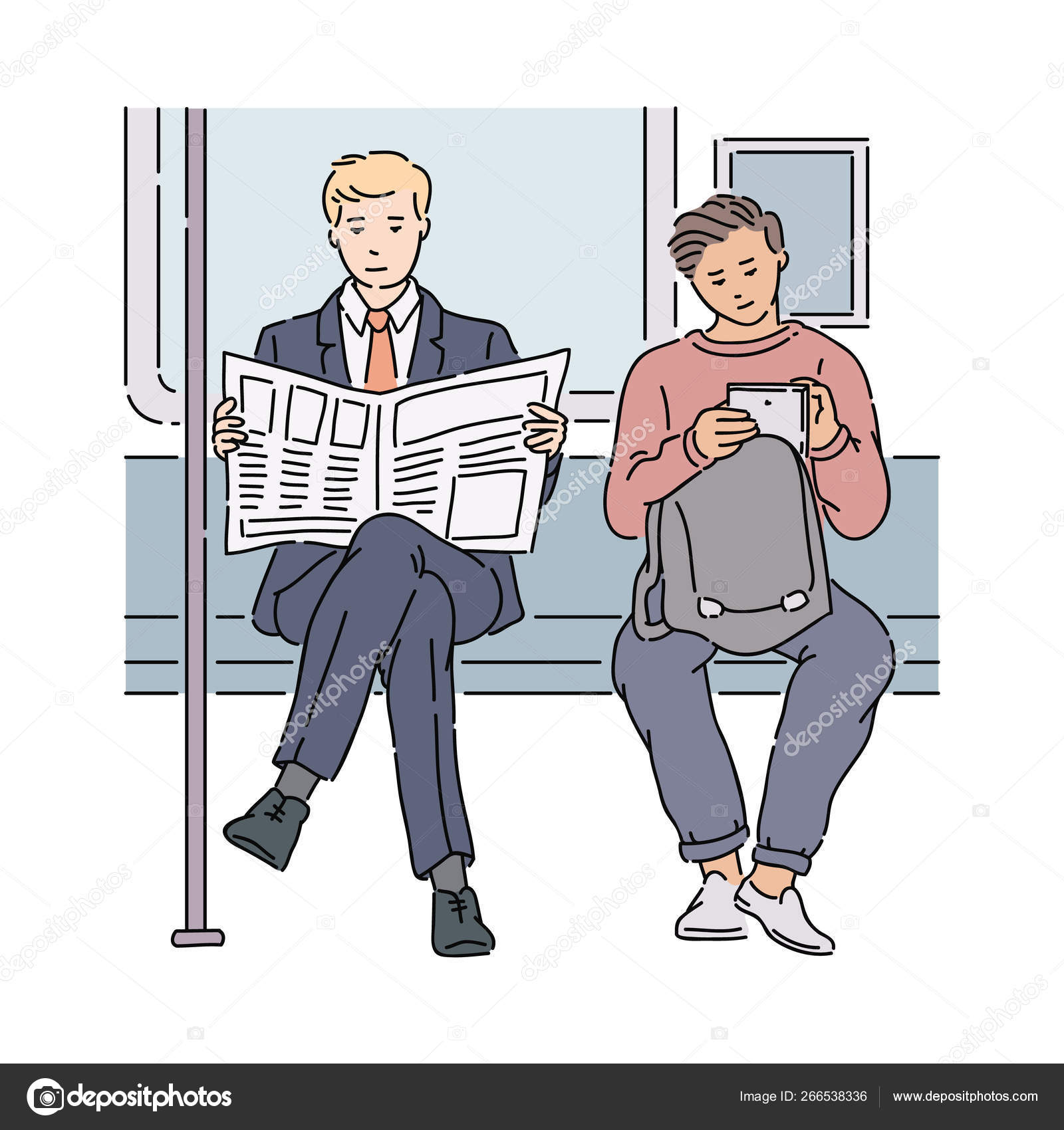 Two men in subway reading newspaper and using tablet — Stock Vector